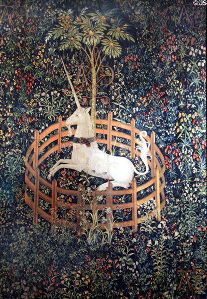 Unicorn in Captivity from the Unicorn Tapestry series (1495-1505) made in The Lowlands at The Cloisters. New York, NY.