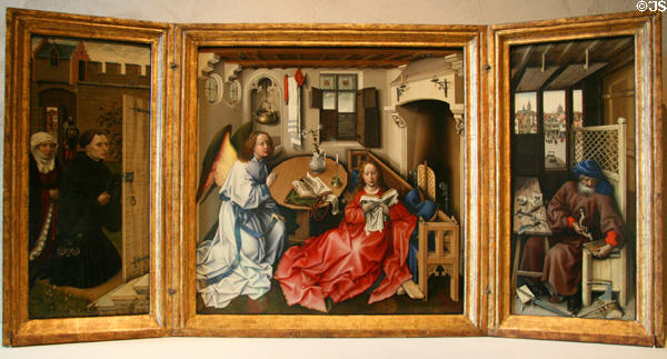 Merode Altarpiece triptych of Annunciation (1425-30) by Robert Campin & assistant (possibly Rogier van der Weyden) from Tournai, Lowlands at The Cloisters. New York, NY.