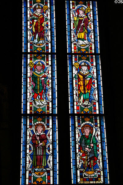 Saints Nicholas, Martin, Ambrose, Augustine, Lawrence & George on St Leonhard stained glass windows (1340-50) from Austria at The Cloisters. New York, NY.