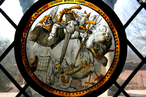 Temptation of St Anthony stained glass window (1532) from Swabia at The Cloisters. New York, NY.