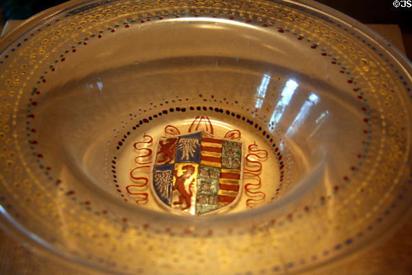 Venetian blown-glass bowl with enamel coat-of-arms (early 16th C) at The Cloisters. New York, NY.