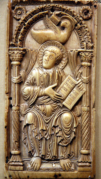 Ivory plaque of St John the Evangelist with Eagle (early 9thC) from Aachen, Germany at The Cloisters. New York, NY.