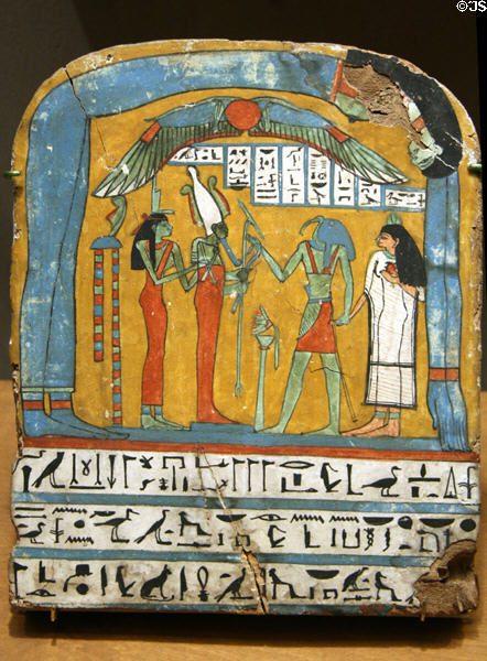 Painted wooden funerary stela from Egypt (750-525 BCE) late 3rd intermediate period at Metropolitan Museum of Art. New York, NY.