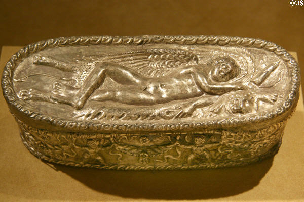 Roman or Byzantine silver box with sleeping Eros (300-400) at Metropolitan Museum of Art. New York, NY.