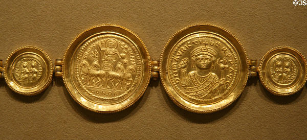 Byzantine gold girdle with coins (c583) from Cyprus at Metropolitan Museum of Art. New York, NY.