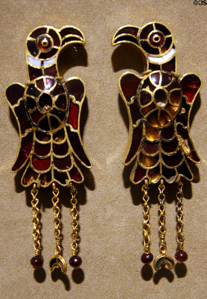 Ostrogothic pair of eagle gold brooches with garnet inlay (c500) at Metropolitan Museum of Art. New York, NY.