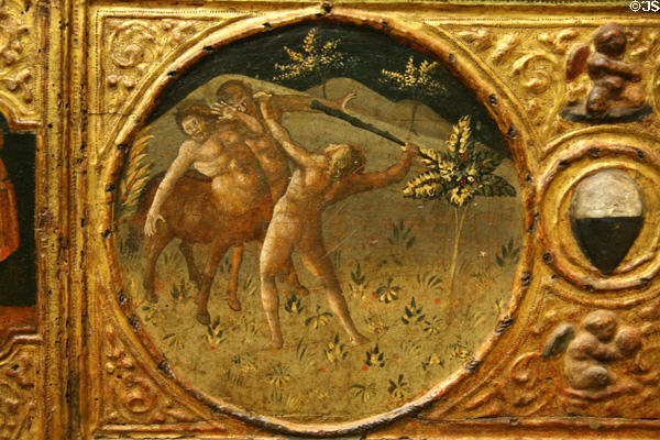Combating the centaurs from Labors of Hercules tempura (2nd Quarter 15thC) from Florence at Metropolitan Museum of Art. New York, NY.