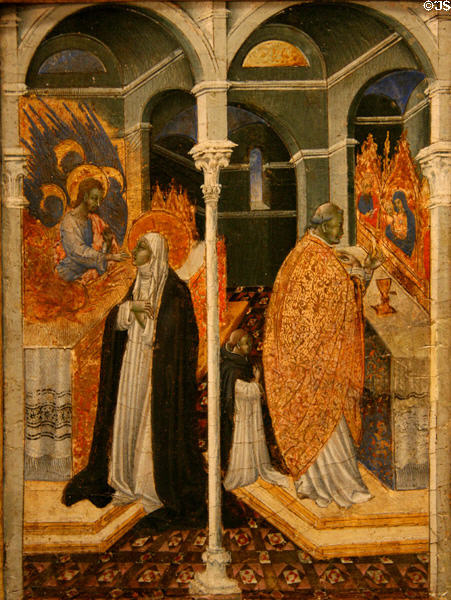 Miraculous Communion of St. Catherine of Siena tempera painting (c1460) by Giovanni di Paolo from Siena at Metropolitan Museum of Art. New York, NY.
