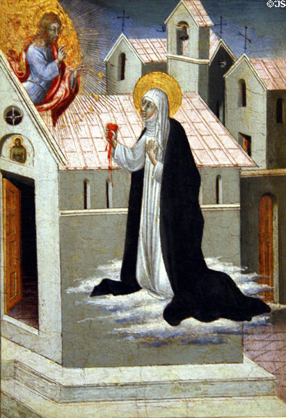 St Catherine of Siena exchanging her heart with Christ tempera painting (c1460) by Giovanni di Paolo from Siena at Metropolitan Museum of Art. New York, NY.