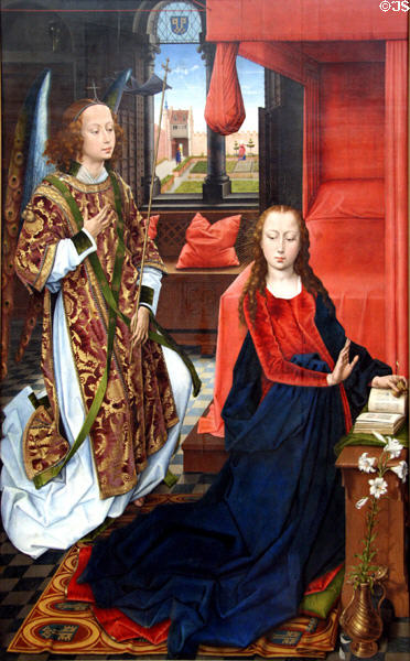 The Annunciation painting (1465-75) by workshop of Rogier van der Weyden (possibly Hans Memling) at Metropolitan Museum of Art. New York, NY.