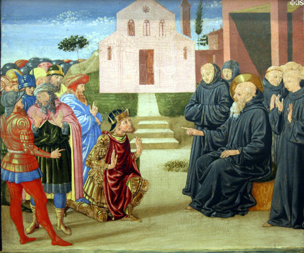 Totila, king of Goths, before St Benedict tempera painting (2nd half 15thC) by Benozzo Gozzoli at Metropolitan Museum of Art. New York, NY.