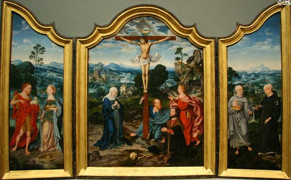 Crucifixion triptych painting (c1520) by Joos van Cleve & other at Metropolitan Museum of Art. New York, NY.