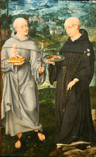 Panel of St Anthony of Padua & St Nicholas of Tolentino from Crucifixion triptych (c1520) by Joos van Cleve at Metropolitan Museum of Art. New York, NY.