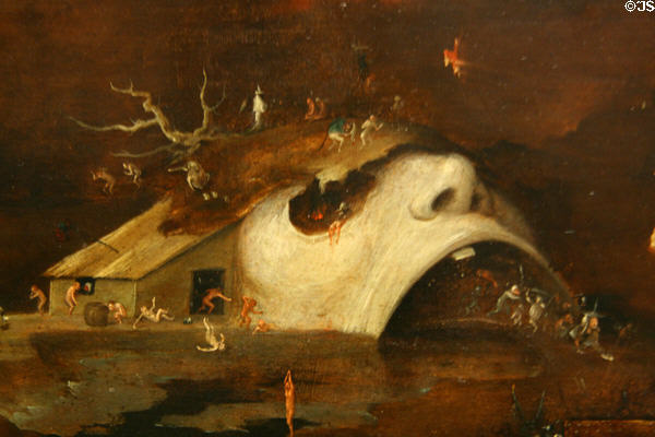 Grotesque head detail of Christ's Descent into Hell painting (c1550s) in style of Hieronymus Bosch at Metropolitan Museum of Art. New York, NY.