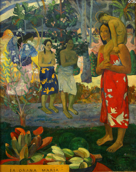 La Orana Maria (Hail Mary) painting (1891) by Paul Gauguin at Metropolitan Museum of Art. New York, NY.