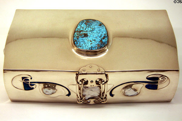 Silver jewel box (c1900) in Art Nouveau style by Archibald Knox of Britain at MoMA. New York, NY.