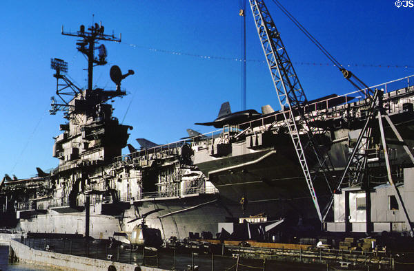 Side view of USS Intrepid CV-11 aircraft carrier now the Intrepid Sea-Air-Space Museum. New York, NY.