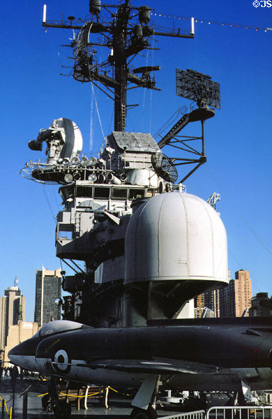 Intrepid aircraft carrier radar dome over Supermarine F-1 Scimitar (1951) aircraft. New York, NY.