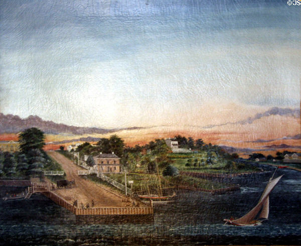 Painting showing Mount Vernon Hotel at landing (now 61st St.) on East River in early 1800s when hotel was a Manhattan Island country retreat for New York City dwellers. New York, NY.