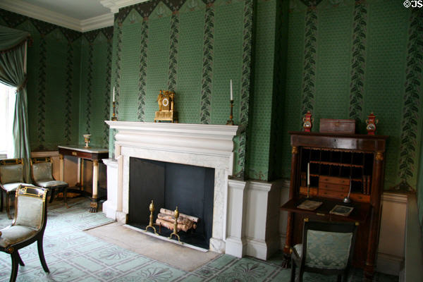 Overview of fireplace & morning glory wallpaper in front parlor of Morris-Jumel Mansion. New York, NY.