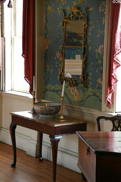 Chinese export porcelain bowl (c1770) on Chippendale-style slab table (c1760) in Octagonal drawing room of Morris-Jumel Mansion. New York, NY.