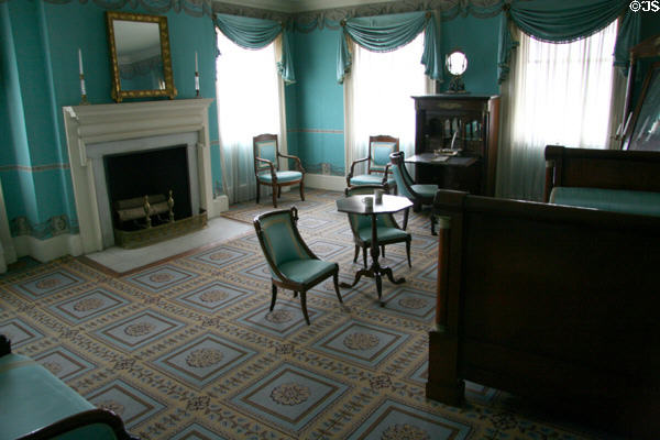 Eliza Jumel's Bed Chamber at Morris-Jumel Mansion shows furniture & carpet in French Empire style. New York, NY.