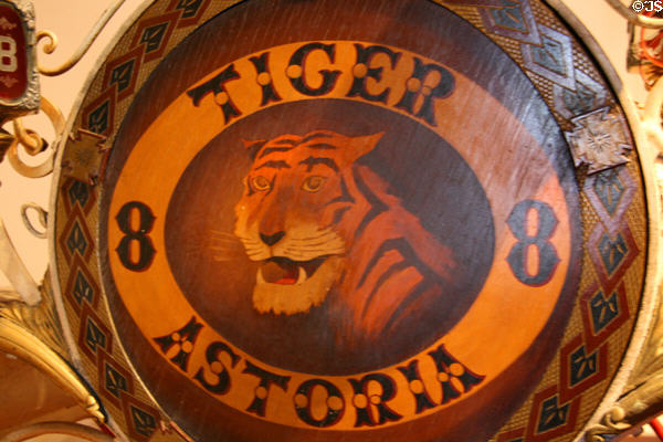 Tiger painting on hand-drawn hose reel (1857) by Pine & Hartson of New York at New York Fire Museum. New York, NY.