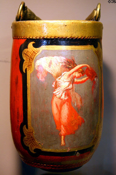 Painted leather fire bucket (early 19thC) which every household was required to keep in New York at New York Fire Museum. New York, NY.