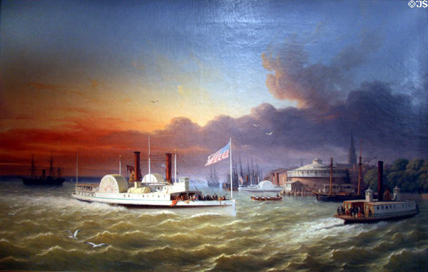 Castle Garden painting of paddle wheel steamer off Battery by Hippolyte Victor Valentine Sebron at South Street Seaport Museum. New York, NY.