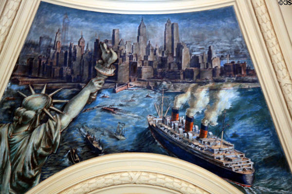 Ocean Liner passes Statue of Liberty on mural (1937) by Reginald Marsh in U.S. Custom House Rotunda. New York, NY.
