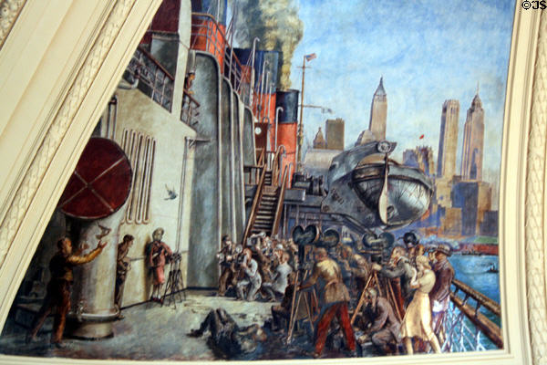 Movie star gives interview aboard Ocean Liner against New York skyline on mural (1937) by Reginald Marsh in U.S. Custom House Rotunda. New York, NY.