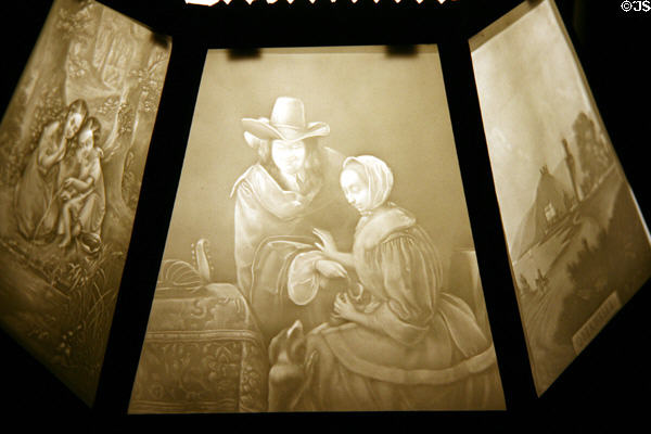 Lithophane lamp where glass thickness creates images in back parlor of Theodore Roosevelt Birthplace. New York, NY.