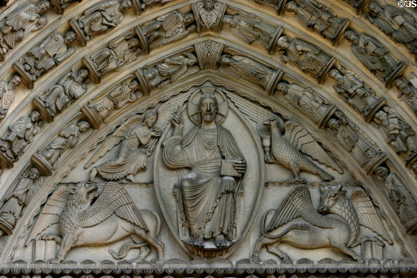 Riverside Church tympanum with symbols of Evangelists Saints Matthew, Mark, Luke & John. New York, NY.