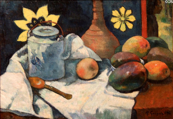 Still Life with Teapot & Fruit painting (1896) by Paul Gauguin at Metropolitan Museum of Art. New York, NY.