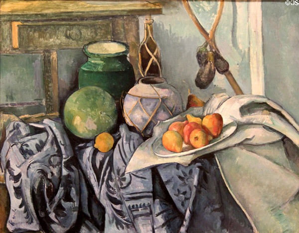 Still life with Ginger Jar & Eggplants painting (1893-4) by Paul Cézanne at Metropolitan Museum of Art. New York, NY.