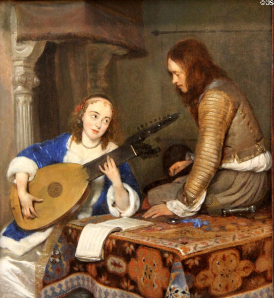 Woman Playing the Theorbo-Lute & a Cavalier painting (c1658) by Gerard ter Borch at Metropolitan Museum of Art. New York, NY.