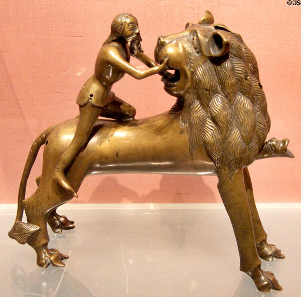 Samson fighting lion bronze aquamanile (c1380-1400) from Northern Germany at Metropolitan Museum of Art. New York, NY.