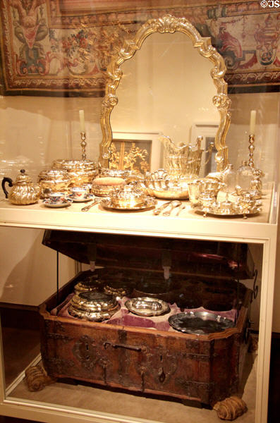 Silver, porcelain, cut glass toilet set in original leather case (c1743-5) from Augsburg, Germany at Metropolitan Museum of Art. New York, NY.