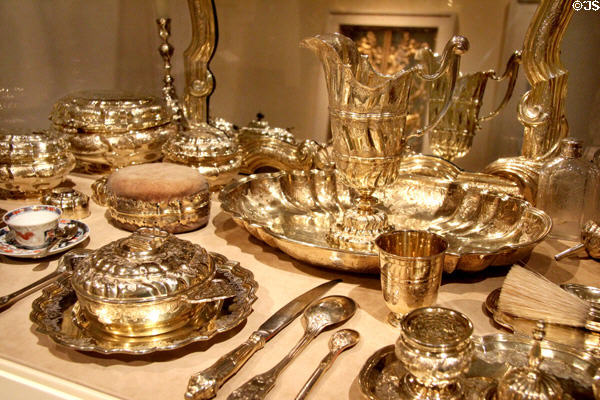 Details of Silver, porcelain, cut glass toilet set in original leather case (c1743-5) from Augsburg, Germany at Metropolitan Museum of Art. New York, NY.