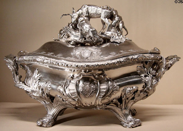 Silver tureen with hunting scene handle (c1757-9) by Edme-Pierre Balzac of Paris with royal arms added (1821) at Metropolitan Museum of Art. New York, NY.