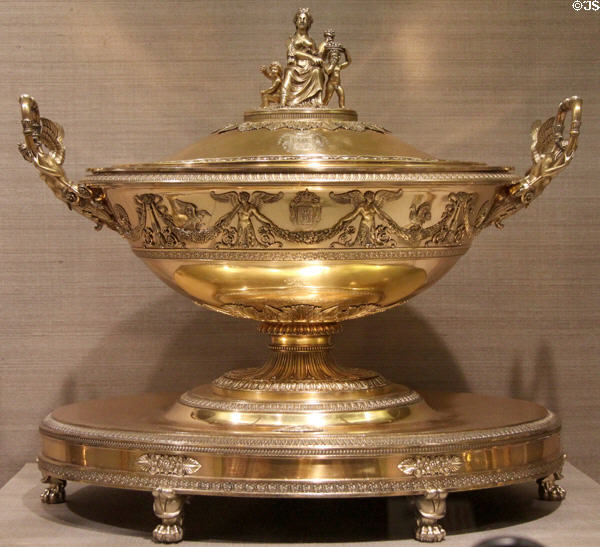 Silver tureen with cover & stand (c1794-1818) by Charles Percier et al of Paris reputedly given by Napoleon I to his sister Pauline & her husband Prince Camillo Borghese at Metropolitan Museum of Art. New York, NY.