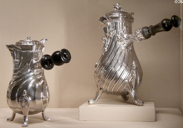 Silver chocolate pot (1765-6) & silver coffeepot (1756-7) both by François-Thomas Germain of Paris at Metropolitan Museum of Art. New York, NY.