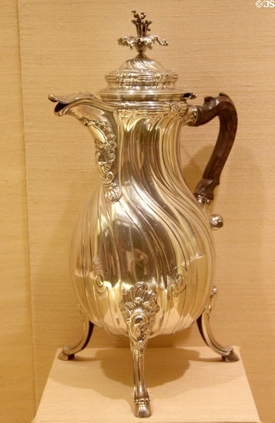 Silver coffeepot (1771) by Flemish Master with mark of crowned D from Mons at Metropolitan Museum of Art. New York, NY.