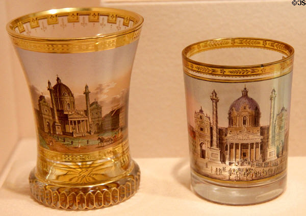 Beaker with Karlskirche Vienna (c1820) by Anton Kothgasser & beaker with Karlskirche Vienna (1816) by Gottlob Samuel Mohn at Metropolitan Museum of Art. New York, NY.