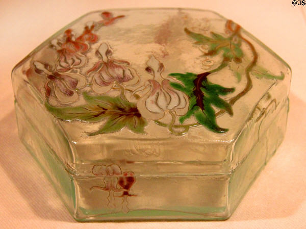 Flowers enameled on glass hexagonal box with lid (c1880) by Émile Gallé at Metropolitan Museum of Art. New York, NY.