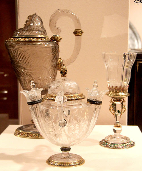 Rock crystal covered vessels (late 1800s) after Reinhold Vasters plus standing cup (c1850) by Jean-Valentin Morel of France at Metropolitan Museum of Art. New York, NY.