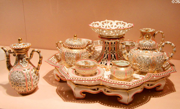 Sèvres reticulated porcelain Chinese tea set (1850-61 after 1832 original) by Jean-Marie-Ferdinand Régnier (shown at Exposition Universelle of 1878) at Metropolitan Museum of Art. New York, NY.