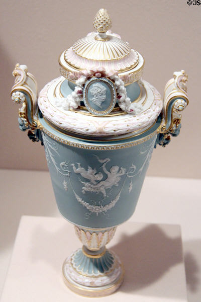 Sèvres porcelain bisque covered vase (1883) by Albert-Ernest Carrier-Belleuse & Alfred Thompson Gobert (presented by France to committee members who organized erection of Statue of Liberty) at Metropolitan Museum of Art. New York, NY.