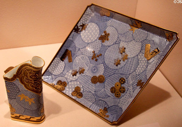 Bone china Japanese-inspired pitcher & square tray (1880 & 1884) by Royal Worcester Porcelain Co. of England at Metropolitan Museum of Art. New York, NY.