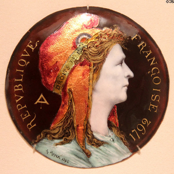 Allegory of the French Republic enamel plaque (1892) by Alfred-Bernard Meyer of Paris from a set marking victory of France over Prussia at Valmy in 1792 at Metropolitan Museum of Art. New York, NY.